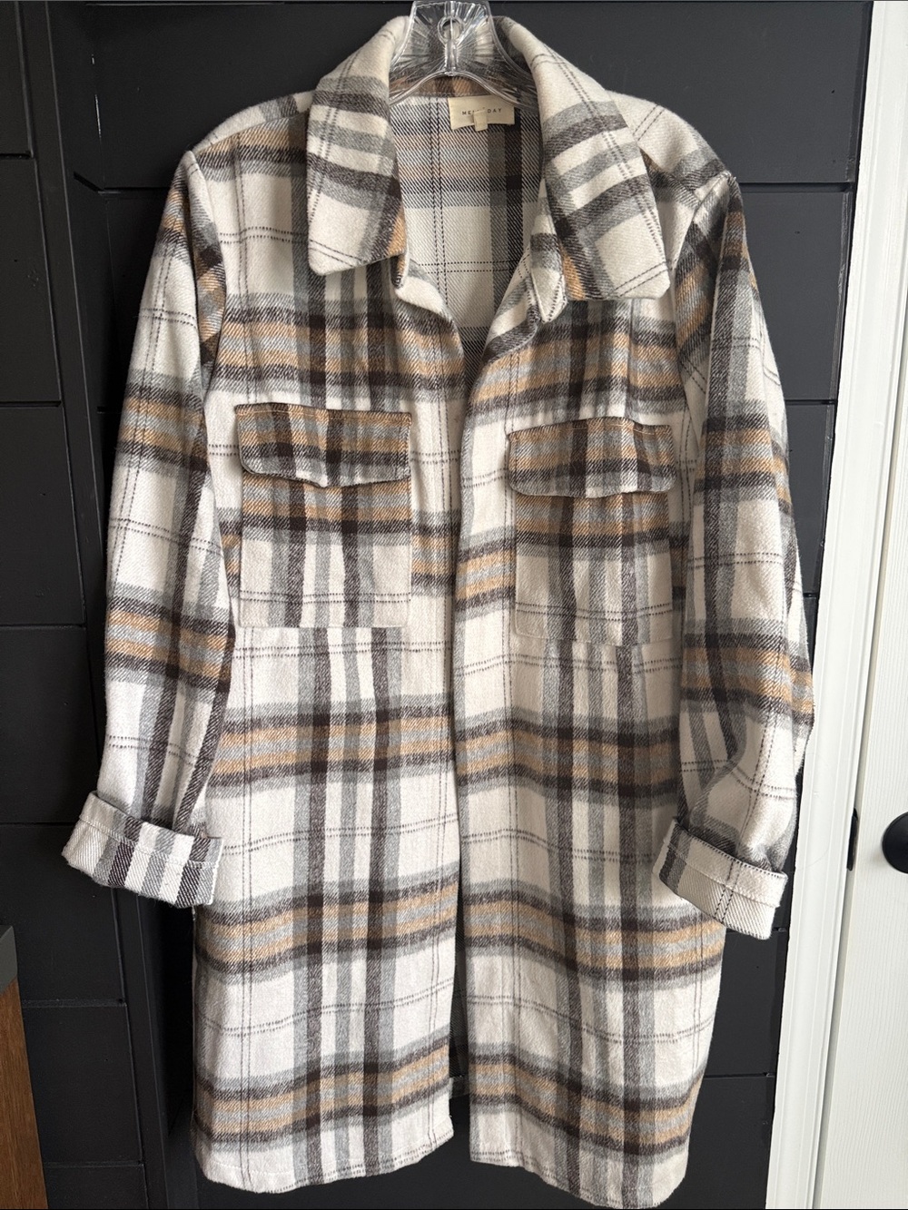 MELLODAY Plaid Trench Coat/ Jacket in Cream, Gray & Brown